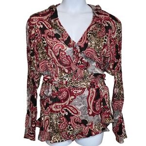 Sunny Leigh Womens Wrap Style‎ Blouse Size 3X Paisley Leopard Print Artsy Boho